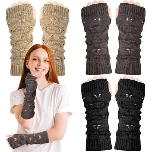 MAKCNMYM 3 Pairs Y2K Arm Warmers Fairy Grunge Gloves Women Teens Harajuku Accessories Long Fingerless Gloves Goth Punk Aesthetic Hip Hop Style Knitted Sleeve Ripped Crochet Glove - Black/Grey/Brown