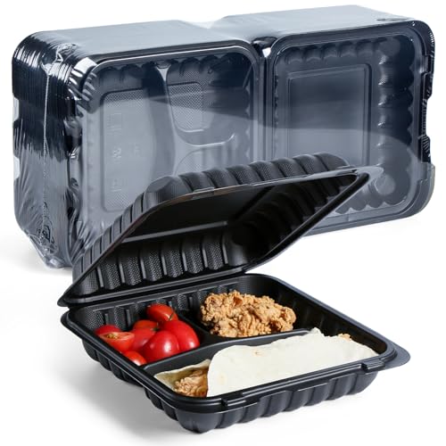 YANGRUI Clamshell Food Containers, Shrink Wrap Reusable 34 OZ 8 Inch 3 Compartment 55 Pack MFPP To Go Container BPA Free Microwave Freezer Safe Plastic Hinged Clamshell Take Out Boxes