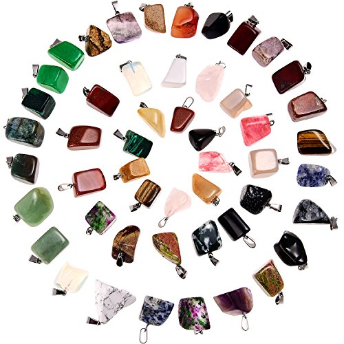 Hicarer 50 Pieces Mixed Stone Beads Crystal Stone Pendants Quartz Charms with Storage Bag for Jewelry Making (Irregular Style)