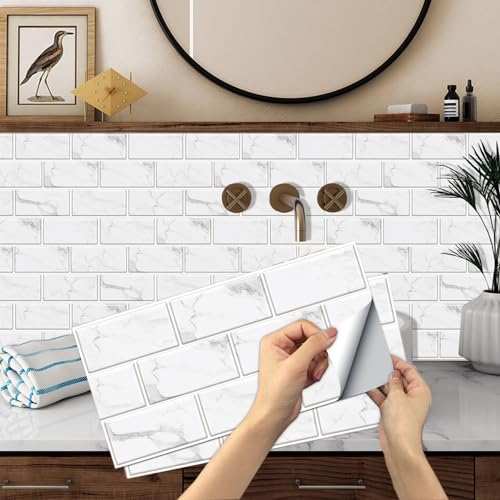12-Sheet White Peel and Stick Wallpaper, Subway Tile 6''x12'' Self Adhesive Wall Tiles Waterproof PVC Stick on Backsplash Vinyl Decorative Tiles Stickers for Kitchen Bathroom