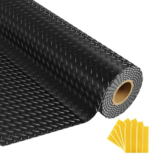 Grandroad auto 8x20 FT Garage Floor Mat, 2.8mm Thickened Flooring Roll Diamond Plate PVC Rubber Trailer Mat with 20 Pcs Tapes, Non-Slip Floor Protector Mat for Garage, Warehouse, Gyms, Trailer, Black