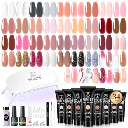 ROSALIND Poly Nail Gel Kit -34 Colors + White Brown Accessories Clear Nude Poly Nails Gel Starter Kit with Mini UV Lamp Slip Solution Nude Pink Extensions Set