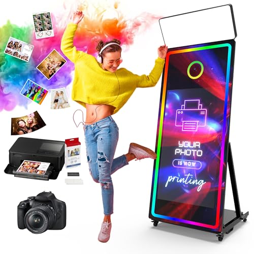 Magic Mirror Photo Booth, 65’’ Mirror Photo Booth, 43’’ Interactive Touch Screen, Built-in Mini PC with Instant Print and Sharing(with Camera and Mini Printer)-Black