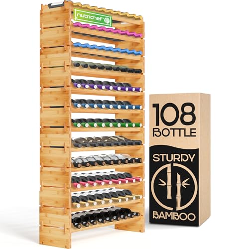 NutriChef Bamboo Stackable Wine Rack, 12-Tier 108 Bottle Capacity Free Standing Floor, No Tools Assembly, Modular Storage Display Shelf for Kitchen and Cellar 33.5" x 10" x 62.75"