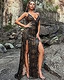 Women's Deep-V Neck High Split Sequin Evening Dresses Backless Formal Party Maxi Dress Gown Black