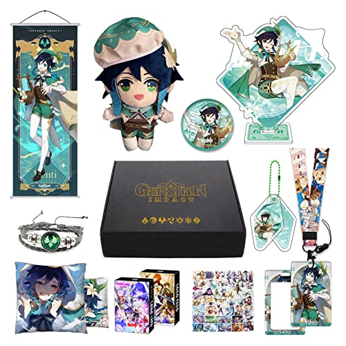 MOTAO Genshin Impact Box Kaveh Merch Set - Plush Doll, Poster, Pillowcase, Stand Figure, Bracelet, Badge, Keychain, Card Holder, 30 Lomo Cards, 50 Stickers(Venti)