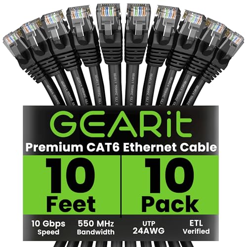 GEARit Cat 6 Ethernet Cable Pack – 10-Pack 10 ft Cat6 Ethernet Patch Cables | RJ45 Network Patch Cable, 10 Gbps Snagless Gold-Plated Connectors – Ethernet Cable Cat 6 for PC, TV, Router – Black
