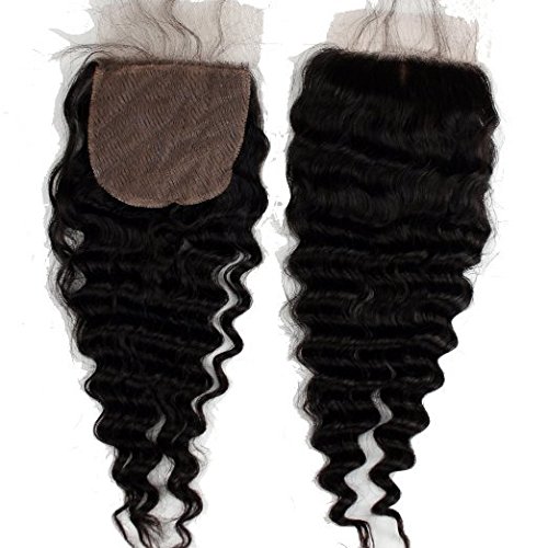 Remeehi Deep Wave Silk Base Top Closure Bleached Knots Free/Middle/3 Part 4"X4" Brazilian Virgin Human Hair Closure Natural Color (Middle Part 18 inch)