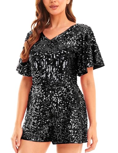 MANER Women’s Sequin Romper Sparkly Short Jumpsuit Party Concert Outfit With Flutter Sleeve (Black, Medium)