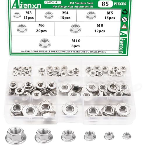 Aienxn 85PCS 6 Metric Sizes 304 Stainless Steel Hex Flange Nuts Assortment Kit-M3 M4 M5 M6 M8 M10