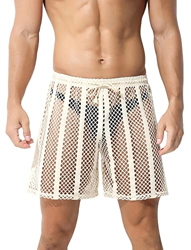 Panegy Mens Mesh Shorts Lounge Underwear Shorts Cover Up Swim Trunks Summer See Through Beach Shorts Boxers Openwork Fishnet Drawstring Board Shorts Swimsuit Lounge Shorts