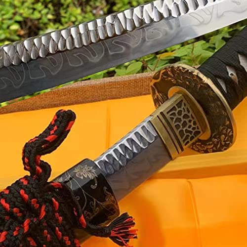 HERO SWORD-Hand Forged Stone Pattern Clay Tempered T10 Steel Japanese Samurai Sword Real Hamon Razor Sharp Fighting Tanto Copper Tsuba,Genuine Ray Skin Tsuka