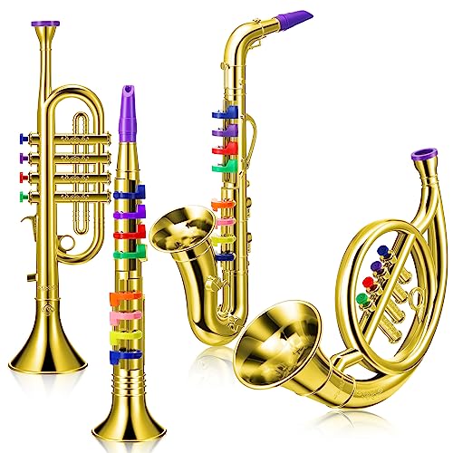 Treela Set of 4 Musical Instruments Toy Clarinet, Toy Saxophone, Trumpet, and Horn for Beginners, 4 Wind and Brass Musical Instruments Combo with Over 10 Color Keys Coded for Boys Girls(Gold)