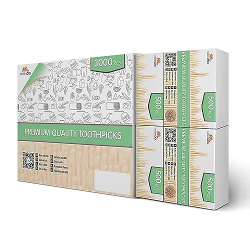 3000 Pcs Bamboo Toothpicks - Double Pointed Wooden Toothpicks - For Personal Hygiene, Appetizer Skewers, Cocktail Sticks, Toothpick or Arts & Crafts - by Mobi Lock
