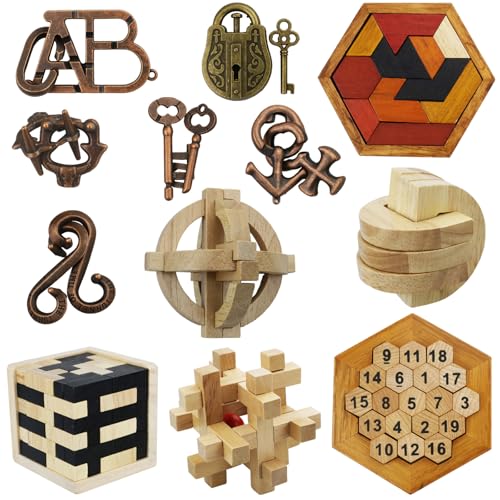 Arlai 12 pcs Wooden Brain Teaser Puzzle and Metal 3D Unlock Interlocking Jigsaw Educational Toy for Kids and Adults Brain Games