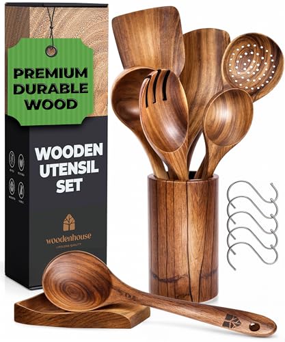 Wooden Utensil Set, Wooden Spoons for Cooking, Wooden Cooking Utensils Set with Holder, Spoon Rest & Hooks, Teak Wood Nonstick Kitchen Cookware – 8 Piece set of wooden utensils with 6 Metal Hooks