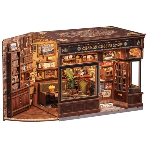 CUTEBEE Book Nook Kit, DIY Miniature House Kits for Adult and Teens, Dollhouse Booknook Tiny House, Bookshelf 3D Wooden Puzzle, DIY Craft Gifts for Family and Friends (Corner Coffee Shop)