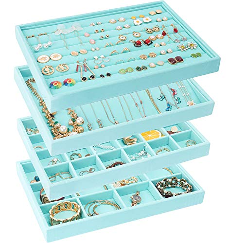 UIUIX Stackable Velvet Jewelry Trays Organizer for Drawer, Velvet Jewelry Storage Display Trays, Earring Necklace Bracelet Ring Organizer, Set of 4 (Blue)