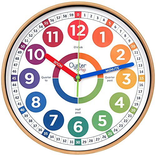 Oyster&Pop Learning Clock for Kids - Silent Telling The Time Teaching Clocks - Non-Ticking Kids Clocks for Bedrooms - Classroom Clocks for Teaching Time - Kids Learn to Tell Time Easily