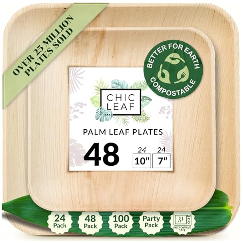 Chic Leaf Compostable & Biodegradable Palm Leaf Disposable Bamboo Plates for 4th of July- Disposable Party Plates for Appetizers - Camping Essentials - Reusable Party Supplies (10 & 7 Inch Square)