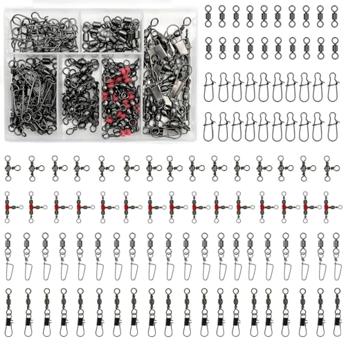FINOSEAK 110Pcs Strong Fishing Snap Swivels Kit, Include Rolling Barrel Swivels, Premium 3 Ways Fish Line Connector with Snaps Clips, Fishing Terminal Accessories Tackle Box for Lures Sinkers