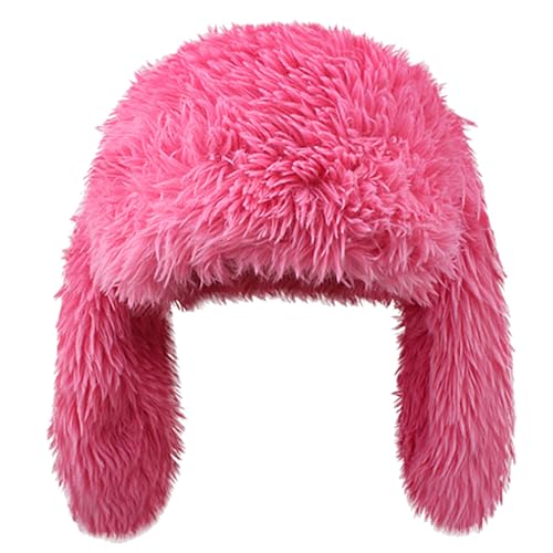 Y2K Fuzzy Bunny Hat for Women Cute Plush Beanie with Bunny Ears Long Rabbit Ears Winter Hat (Pink)