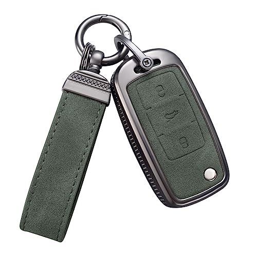YO&YOYE Compatible with Volkswagen Key Fob Cover with Keychain Leather Key Case Protector for VW Jetta Golf Polo MK6 Passat Tiguan Beetle (Model4, Green)