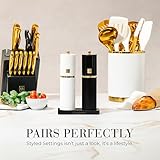 Styled Settings White and Black Salt and Pepper Grinder Set with Gold Accents – Set of Two Refillable Wooden Manual Grinders with Adjustable Ceramic Mills & Matching Wooden Stand - Ideal for Gifting