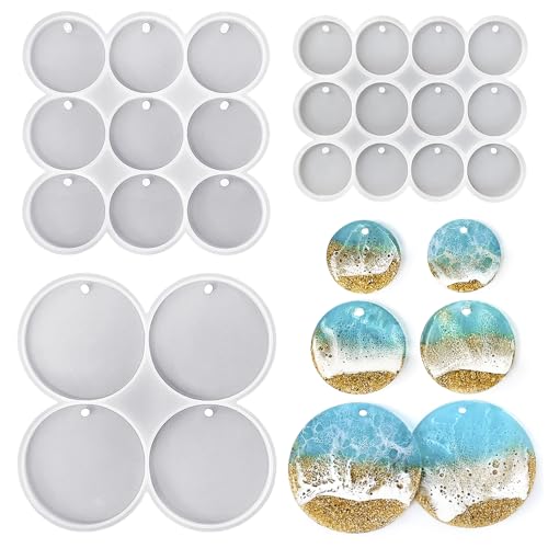 RESINWORLD Set of 3 Sizes Flat Circle Silicone Molds with Hole, Drilled Round Earrings, Pendant, Keychain, Pet Tag, White