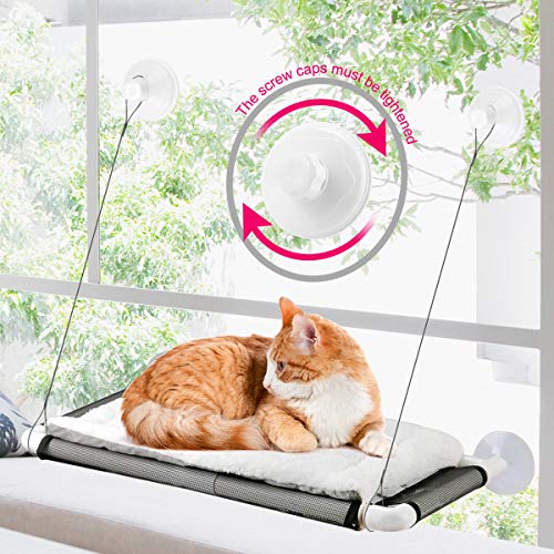 Cat Window Perch, Cat Hammock Window Seat w/Free Fleece Blanket 2025 Latest Screw Suction Cups Extra Large Sturdy Cat Bed Cat Resting Seat Hold Two Large Cats White Indoors (One Extra Suction Cup