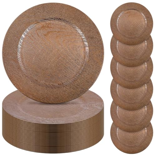 Mifoci 50 Pcs Faux Wooden Charger Plates 13 Inch Round Rustic Plastic Plates Antique Design Bulk Decorative Chargers for Dinner Tray for Wedding Dinner Table Farmhouse Party Event(Brown)