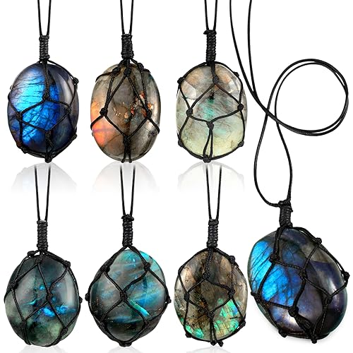 Equsion 6 Pcs Labradorite Dragon Heart Necklaces Natural Crystal Pendant Wrap Braid Jewelry Stone Labradorite Crystal Colorful Jewelry Necklace for Women Men Gifts