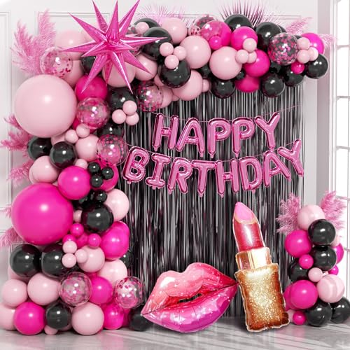 Hot Pink and Black Birthday Decorations with Black Hot Pink Confetti Balloons Happy Birthday Foil Balloons Fringe Curtains for Black and Pink Happy Birthday Decorations for Women Adults