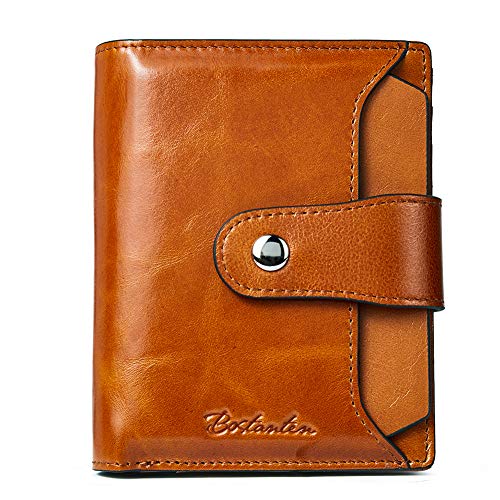 BOSTANTEN Women Leather Wallet RFID Blocking Small Bifold Zipper Pocket Wallet Card Case Purses with ID Window Brown