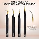 HADIZ Set of 4 Fiber Tip Diamond Grip Eyelash Extensions Tweezers Japanese Stainless Steel Lash Tweezer(Black)