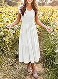 MEROKEETY Women's 2025 Summer Smocked V Neck Tiered Swing Long Midi Dress with Pockets, White, XL