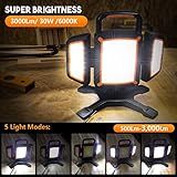 Tresda 30W Rechargeable Work Light, 3000 Lumen Magnetic Work Light Battery Powered, Waterproof Portable Cordless Job Site Lighting for Construction Site, Workshop, Garage, Camping, and Car Repairing