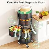 SAYZH Fruit Vegetable Basket for Kitchen, Rotating Storage Rack, 5 Tier Rolling Cart with top lid, Large Metal Wire Wheels, Black