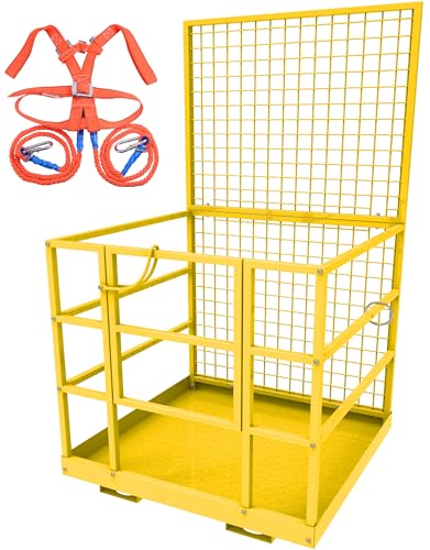 YITAMOTOR 43"x45" Forklift Safety Cage, 1400 LBS Yellow Capacity Forklift Work Platform with Safety Harness, Collapsible Lift Basket Aerial Platform for Lifting Loader
