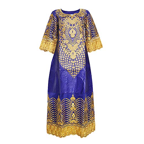 HD Traditional African Bazin Riche Woman Rhiestone Straight Long Dress Female Embroidery Lace Blue Dashiki Maxi Dresses with Headwrap 4XL