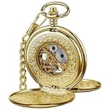 VIGOROSO Mens Pocket Watch with Chain Half Hunter Double Cover Skeleton Mechanical Watches Gold Roman Numeral in Box