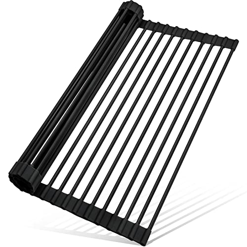 MERRYBOX 20.5" x 13" Roll Up Dish Drying Rack Silicone Wrapped Over The Sink Dish Drying Rack Multipurpose Foldable Sink Drying Mat, Heat-Resistant & Anti-Rust Dish Rack for Kitchen Sink, Large, Black