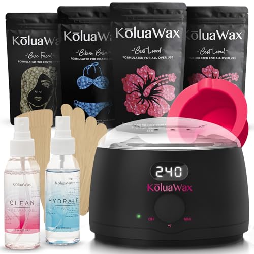 KoluaWax Premium Waxing Kit for Women - Hot Melt Wax Warmer for Hair Removal, Eyebrow, Bikini, Legs, Face, Brazilian Wax & More - Machine + 4-Pack Hard Wax Beads + Accessories, Black
