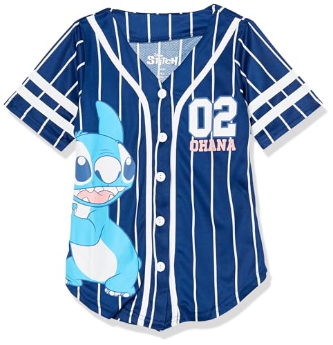 Disney Little Girls Lilo & Stitch, Angel Baseball Jersey-Classic Mesh Button Down Shirt, Navy/White