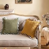 patdrea Green Shabby Chic Decorative Throw Pillow Covers 22x22 Set of 2,Farmhouse Linen Pillow Covers with Ruffles,Square Sturdy Throw Pillow Case for Couch Sofa Bed Living Room