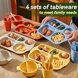 AmHoo 24 Pcs Wheat Straw Dinnerware Cutlery Set Including Kids Toddlers Divided Plates Bowl Microwave Dishwasher Safe Unbreakable Tableware Spoon Knife Fork Cup-Beige,Yellow,Blue,Orange