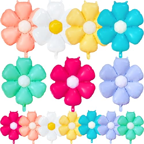 BCCSNNM 14PCS Colorful Daisy Balloons, Rainbow Flower Balloons Aluminum Foil Boho Groovy Daisy Party Decorations for Birthday Baby Shower Wedding Party(7color,Large*7,Small*7)