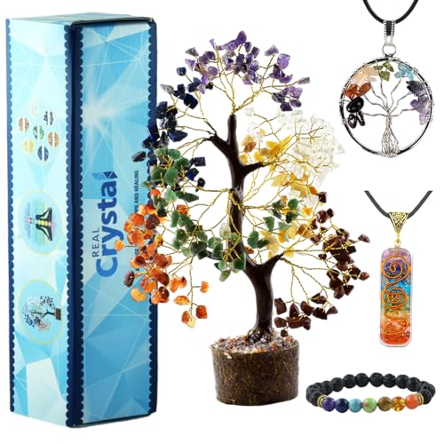 Seven Chakra Healing Crystal Tree Kit with 7 Chakra Bracelet and 2 Pendant Necklace - Gemstones Money Bonsai Tree Decor for Spiritual Good Luck Gift, Birthday Gift for Women, Men, Home, Office