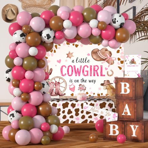 Little Cowgirl Baby Shower Decorations - Pink Western Girl Baby Shower Decorations with Cowgirl Balloons Arch, A Little Cowgirl is on The Way Backdrop & Tablecloth, BABY Boxes and CowGirl Cake Toppers