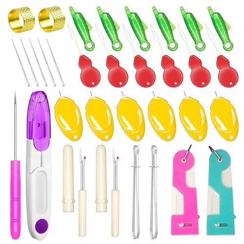 Lechchy 33 Pcs Sewing Tool Kit - with Automatic Needle Threader/Fish Mouth Easy Threader/Gourd and Thumb Shaped Simple Threader/Seam Rippers/Thread Snips/Drawstring Threaders/Awl/Thimbles/Needles